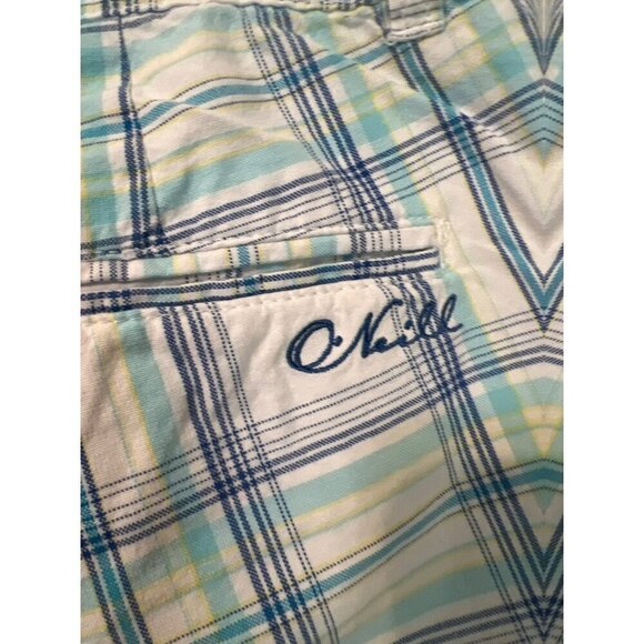O'Neill Shorts Ocean Blue White Plaid Bermuda 100% Cotton Sz 5 Beachy Coastal - Picture 7 of 10